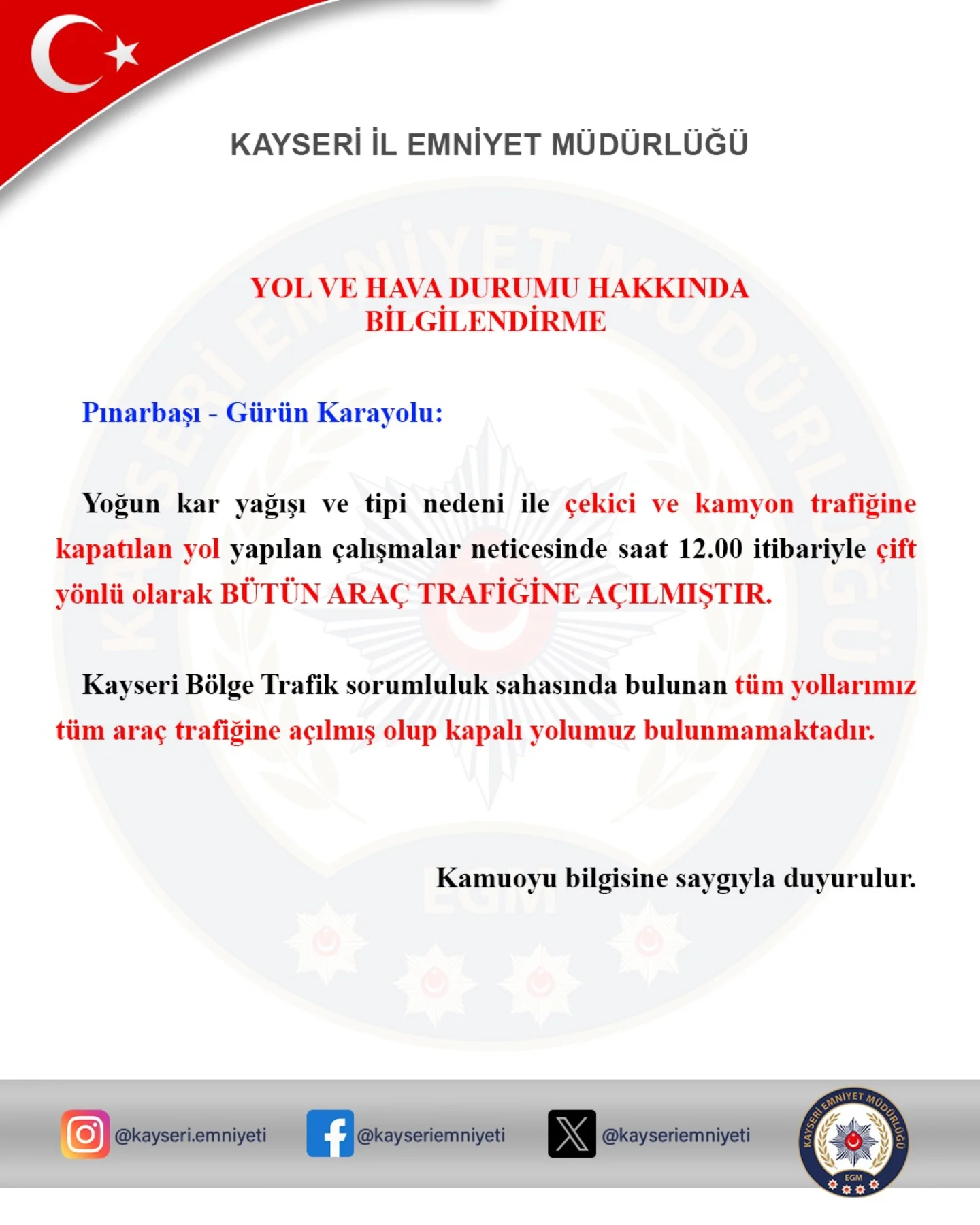 Kayseri'de Hava ve Yol Durumu Bilgilendirmesi