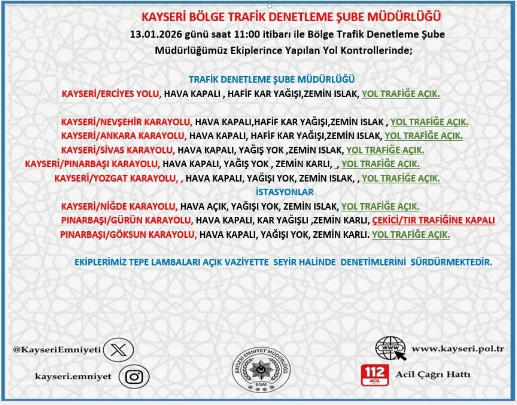 Kayseri'de Hava ve Yol Durumu: 13 Ocak 2026 Güncel Bilgiler