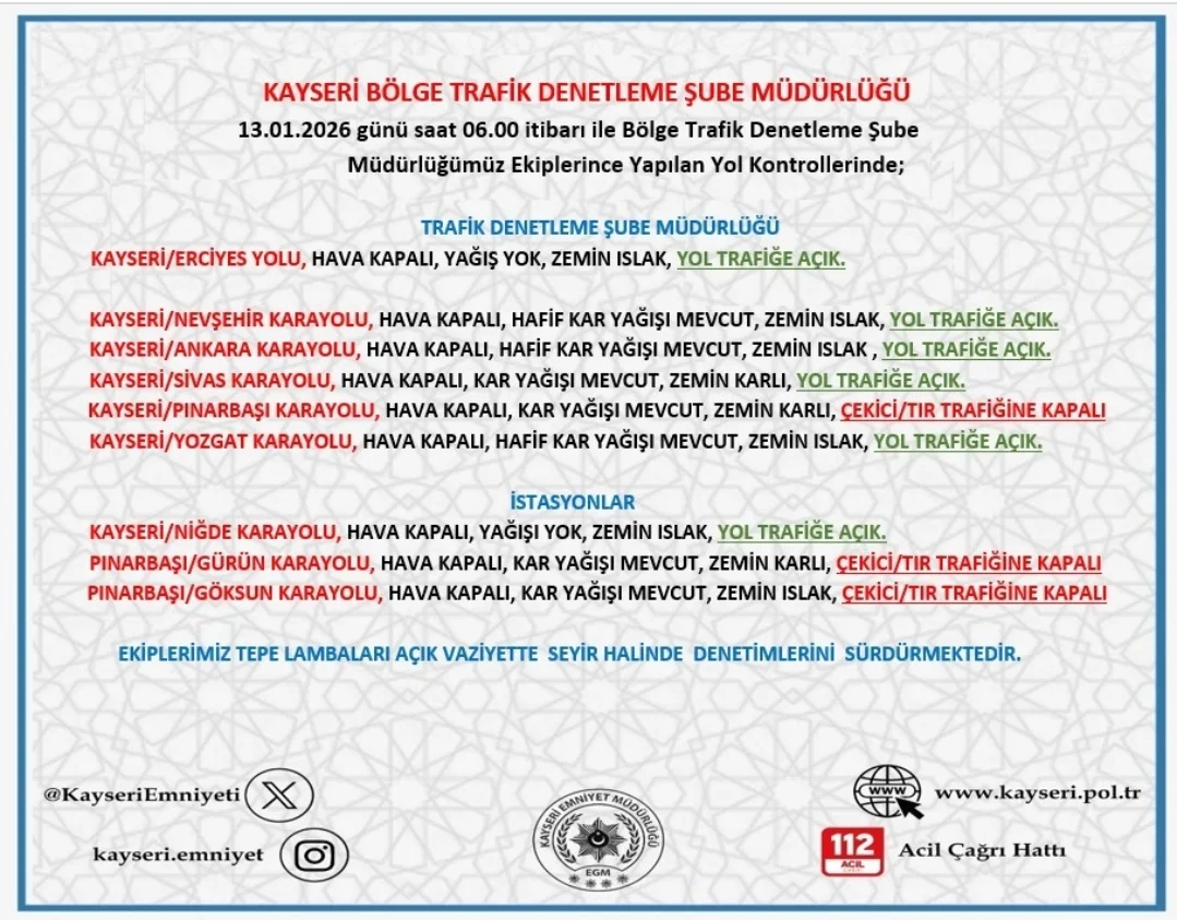 Kayseri'de Yol ve Hava Durumu: Sürücülere Kritik Uyarılar