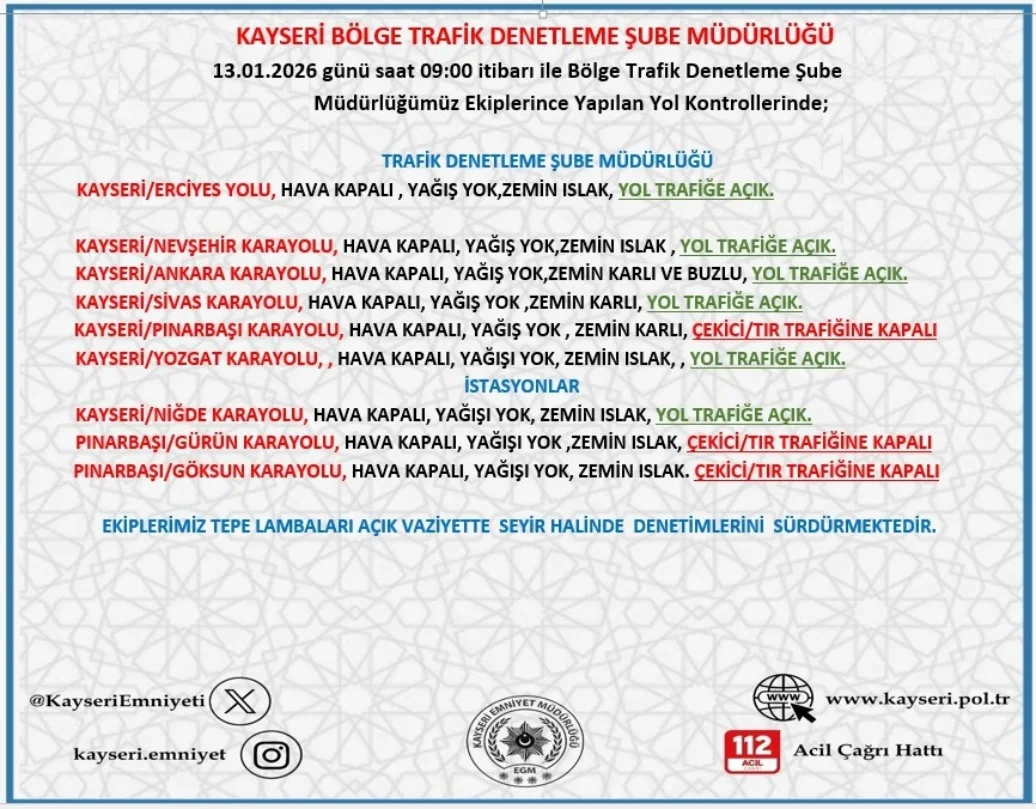 Kayseri'de 13 Ocak 2026 Sabahı Yol ve Hava Durumu Açıklandı