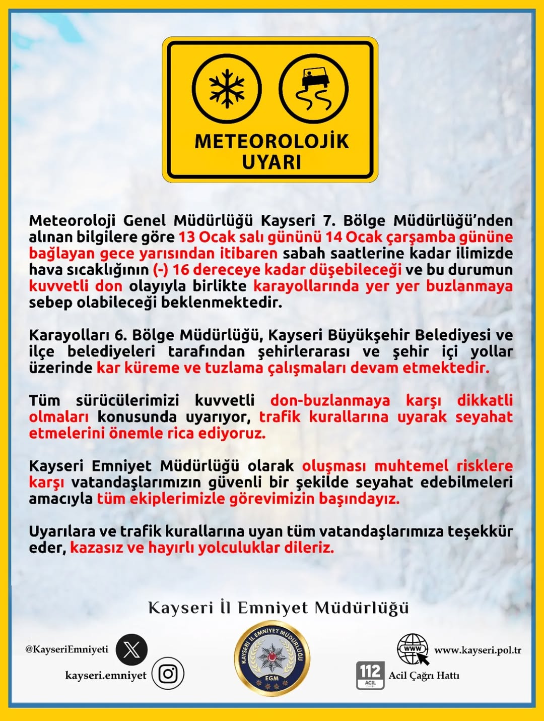 Kayseri'de Sert Meteorolojik Koşullar ve Alınan Önlemler