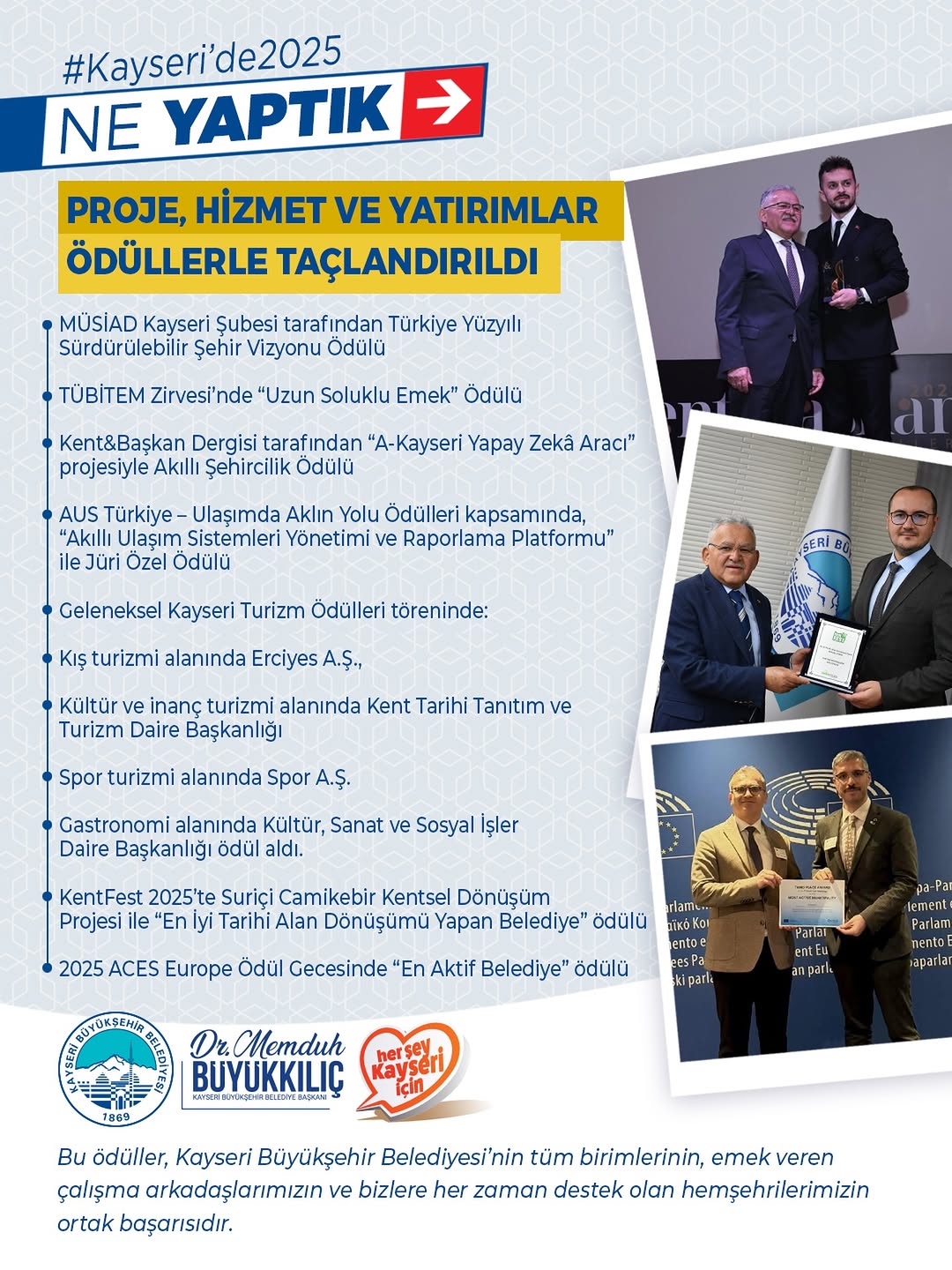 Kayseri Büyükşehir Belediyesi'nin Hizmetleri Ulusal ve Uluslararası Ödüllerle Taçlandı