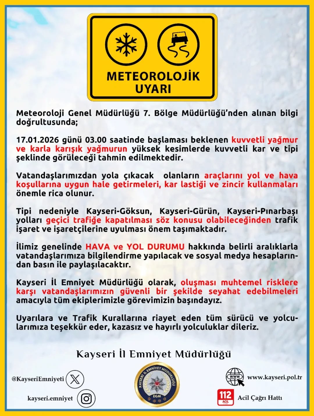 Kayseri'de Kuvvetli Kar Yağışı ve Fırtına Bekleniyor