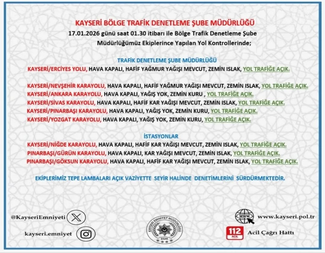 Kayseri'de Gece Saatlerinde Yol ve Hava Durumu Uyarısı