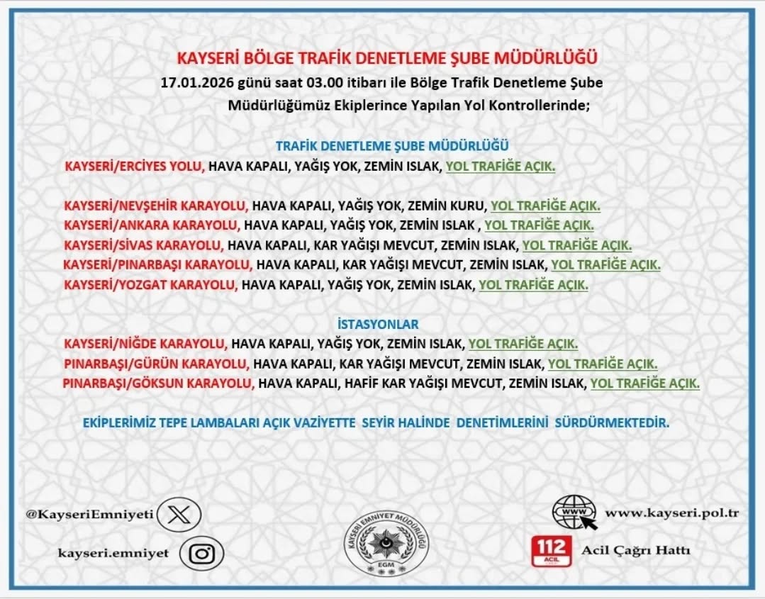 Kayseri'de Yol ve Hava Durumu: 17 Ocak Sabahı Güncel Bilgiler