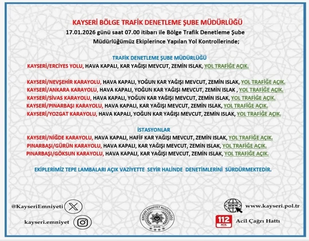 Kayseri'de Sabah Saatlerinde Yol ve Hava Durumu Değerlendirmesi