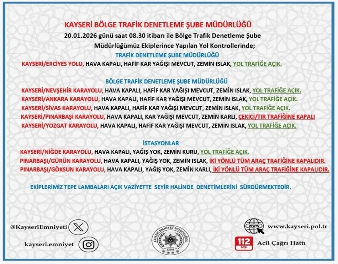 Kayseri'de 20 Ocak 2026 Sabahı Yol ve Hava Durumu Değerlendirmesi