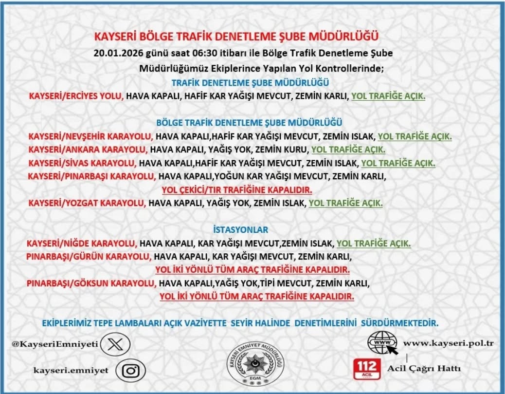 Kayseri'de 20 Ocak Sabahı Yol ve Hava Durumu: Yoğun Sis ve Buzlanma Uyarısı