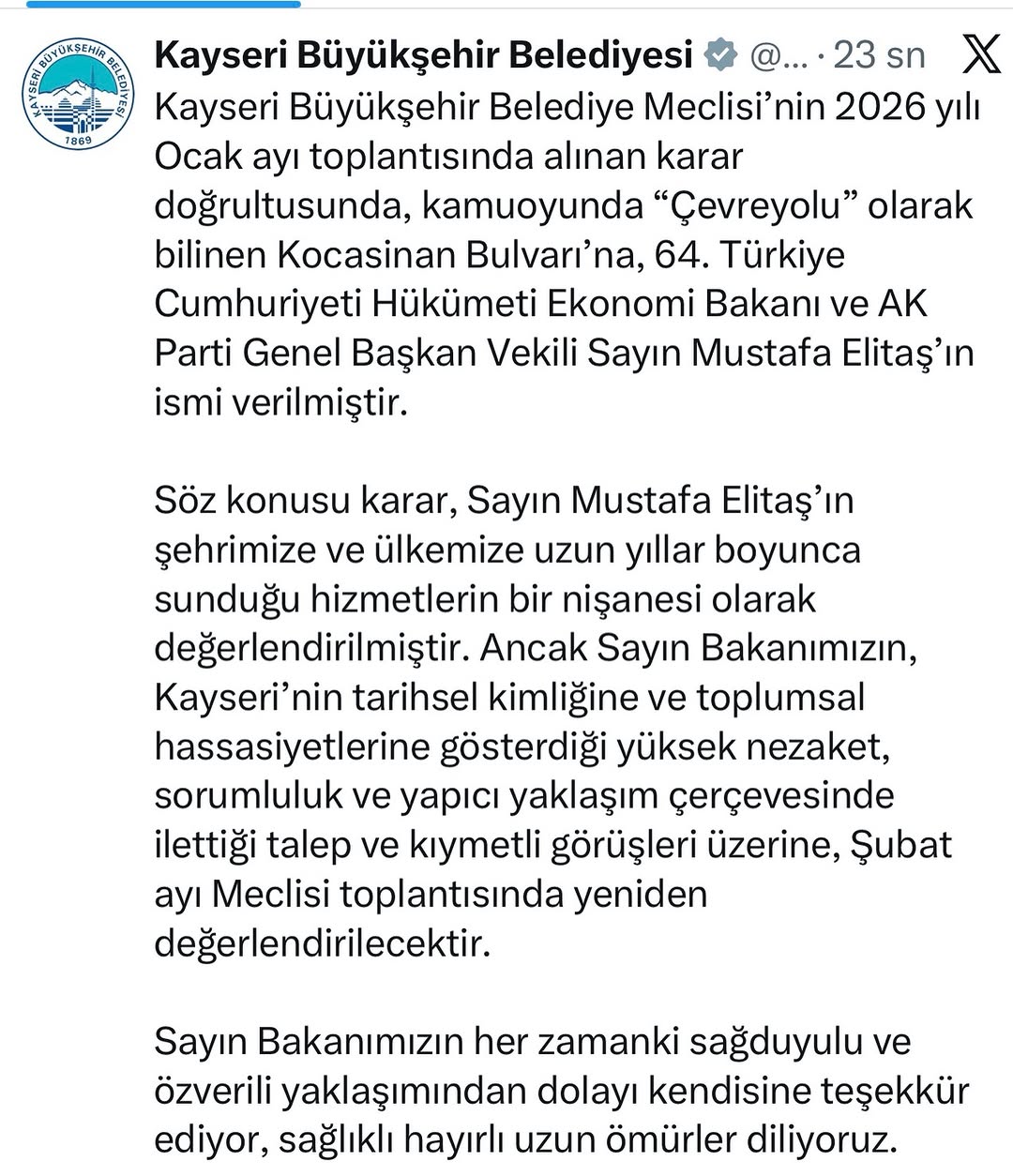 Kayseri'de Bir Bulvara Bakanın Adı Verildi, Ancak Karar Yeniden Değerlendirilecek