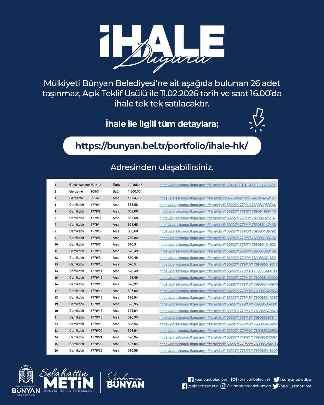 Bünyan Belediyesi'ne Ait 26 Taşınmaz İhale İle Satılacak