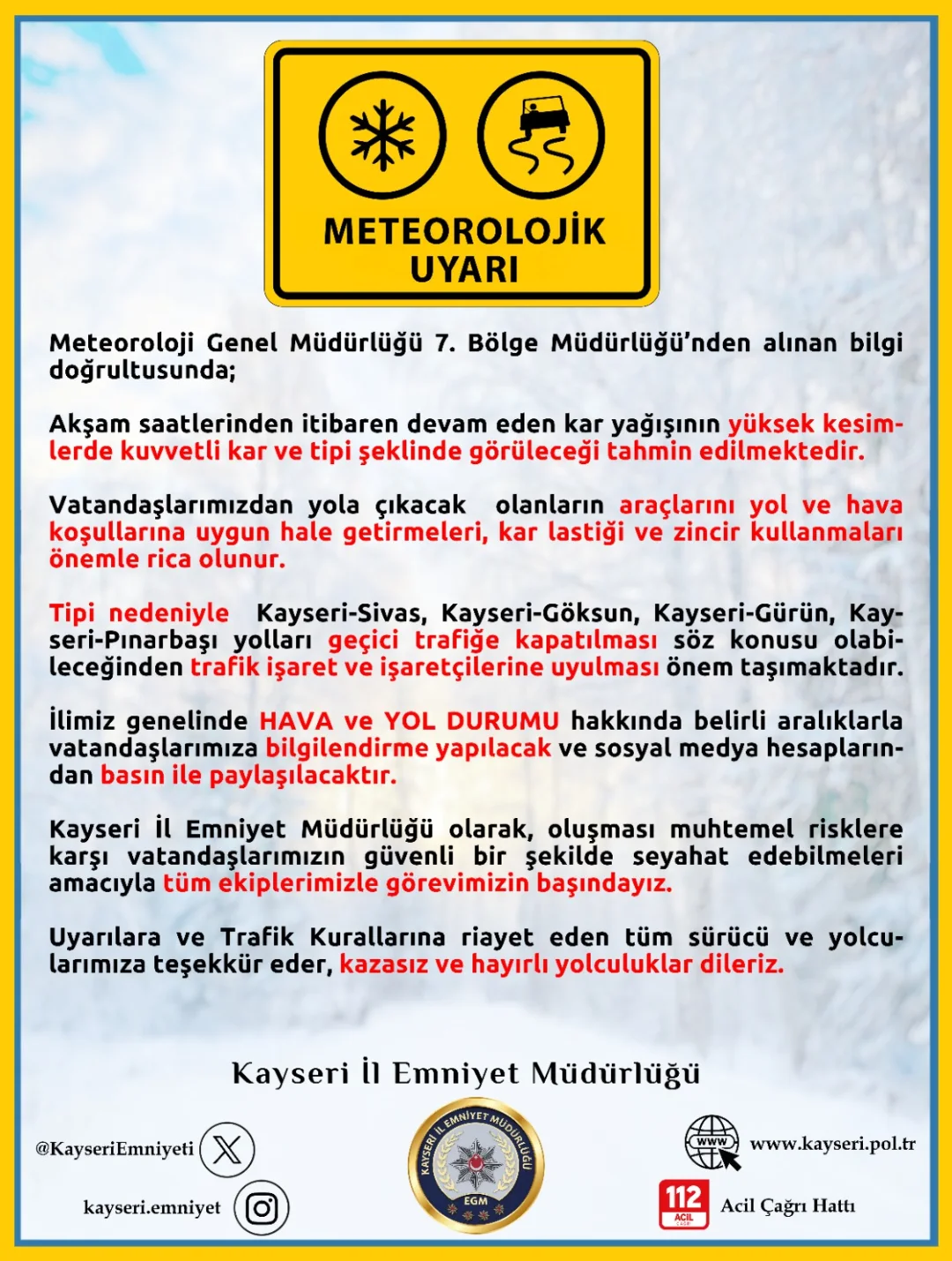 Kayseri'de Meteorolojik Uyarı: Yoğun Kar Yağışı Bekleniyor