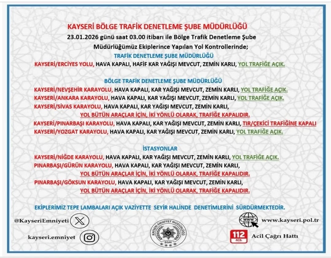 Kayseri'de Yoğun Kar Yağışı ve Buzlanma Uyarısı