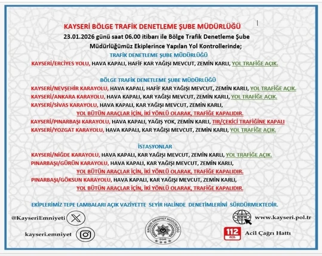 Kayseri'de 23 Ocak Cuma Günü Yol ve Hava Durumu Bilgilendirmesi