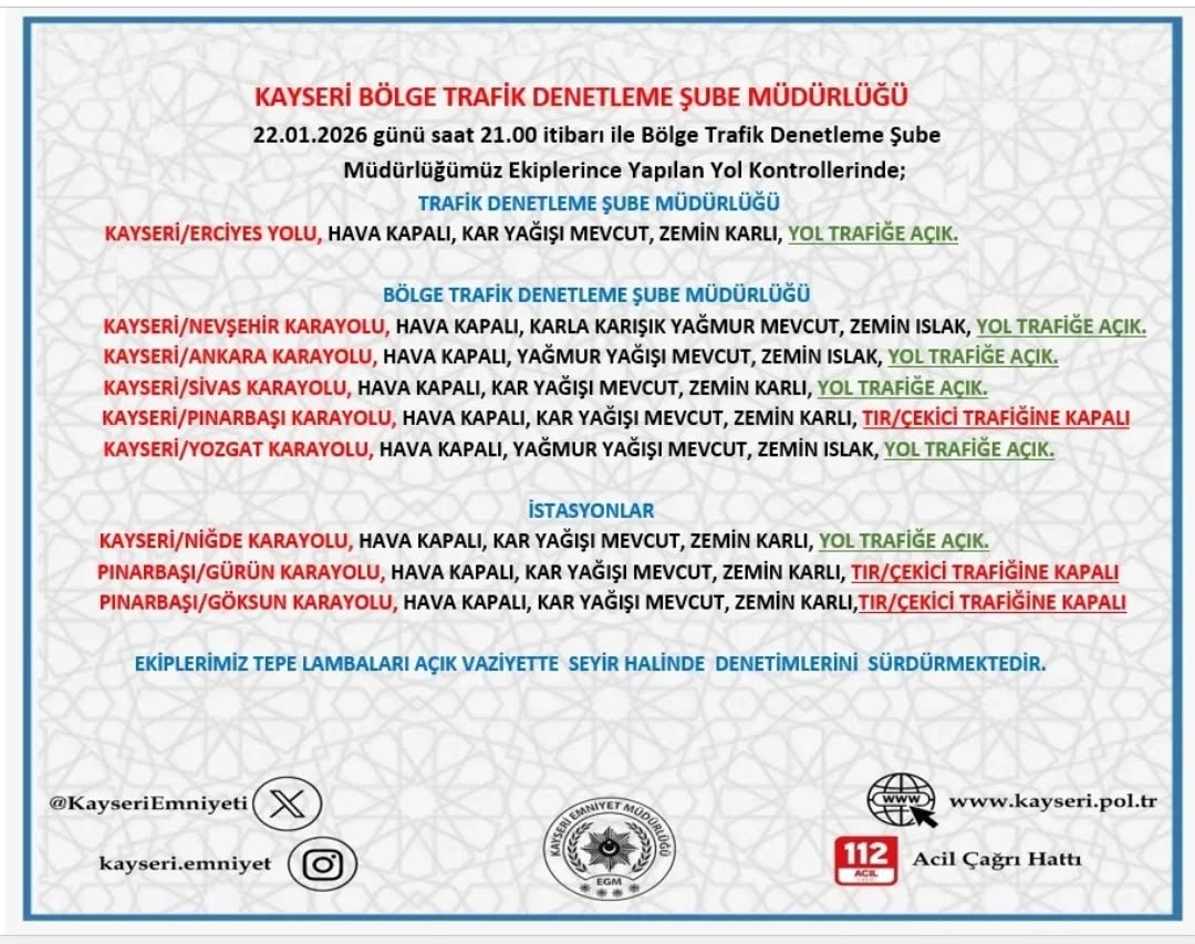 Kayseri'de 22 Ocak'ta Etkili Olan Yoğun Kar Yağışı ve Seyahat Koşulları