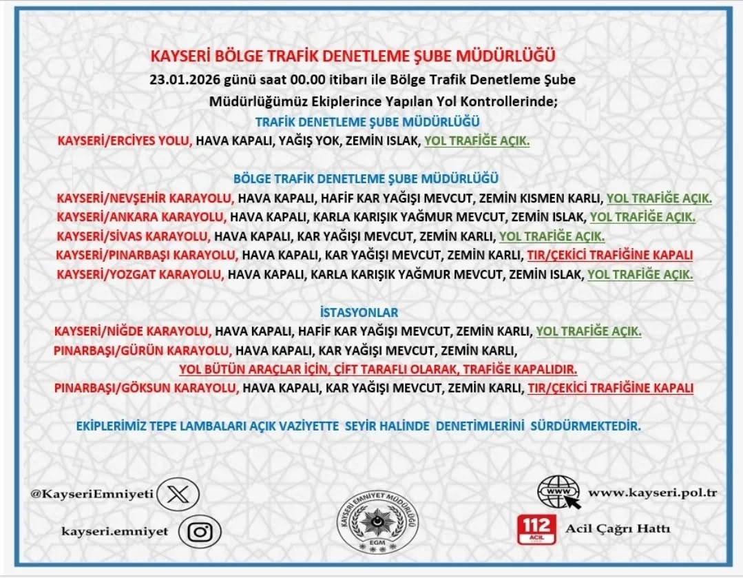 Kayseri'de 23 Ocak 2026 Yol ve Hava Durumu: Kar Yağışı ve Buzlanmaya Karşı Uyarılar