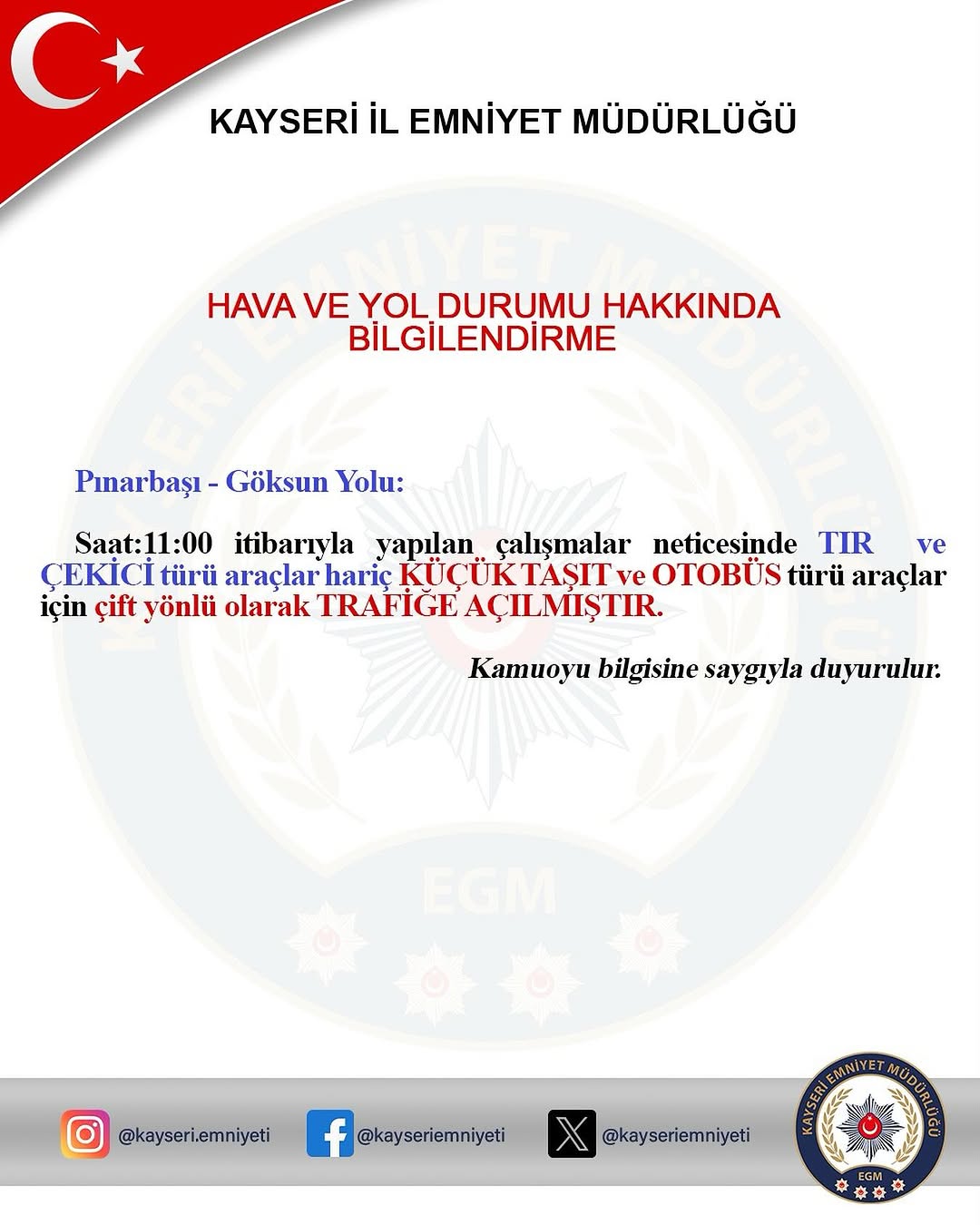 Kayseri'de Trafik ve Hava Durumu Bilgilendirmesi