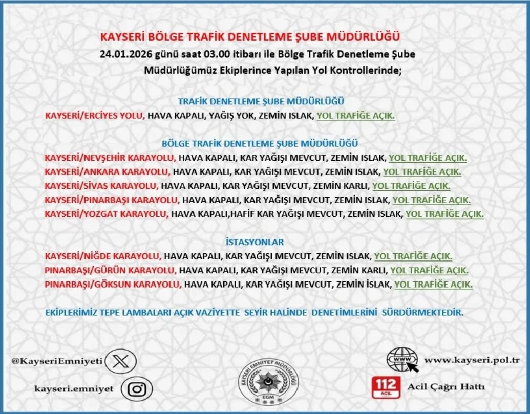 Kayseri'de 24 Ocak Sabahı Yol ve Hava Durumu: Kar Yağışı ve Buzlanma Uyarısı