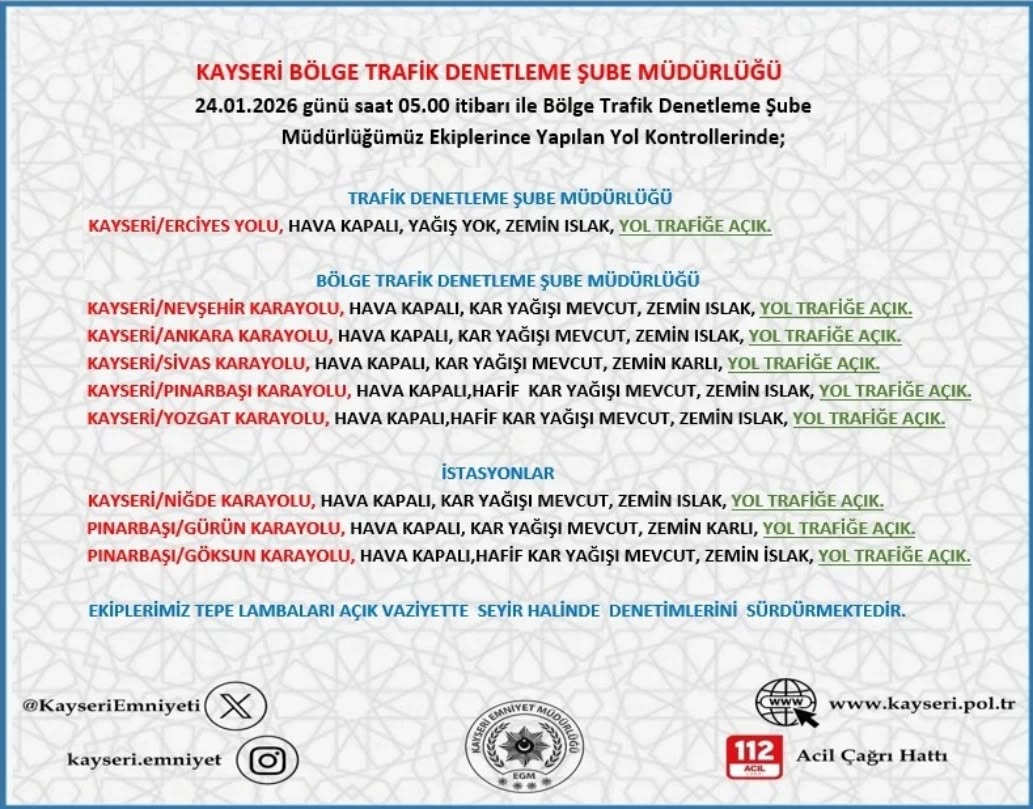 Kayseri'de Sabah Saatlerinde Yol ve Hava Durumu