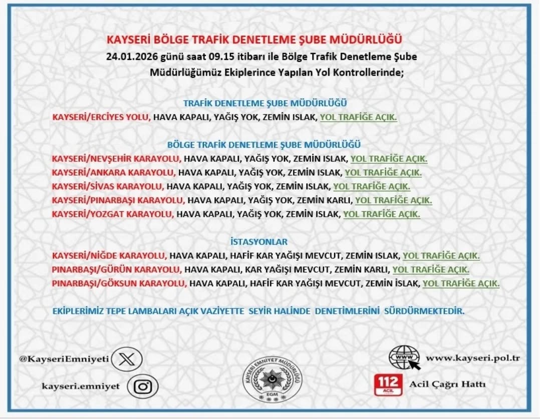 Kayseri'de 24 Ocak 2026 Sabahı Yol ve Hava Durumu Bilgilendirmesi