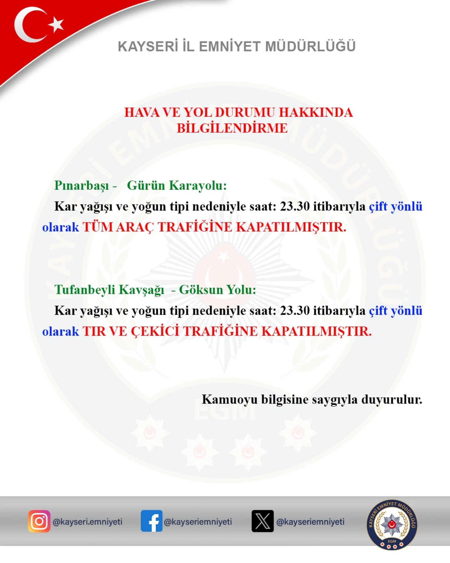 Kayseri'de Hava ve Yol Durumu Bilgilendirmesi