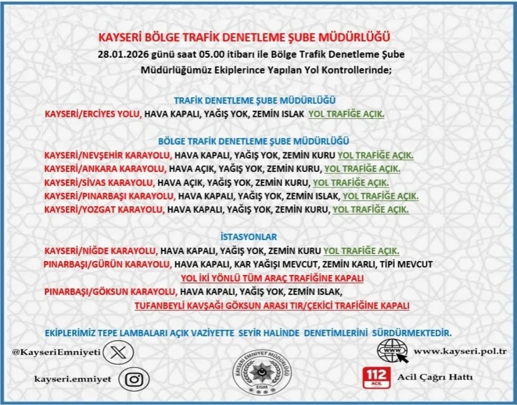 Kayseri'de Yol ve Hava Durumu: 28 Ocak Sabahı İçin Kritik Uyarılar