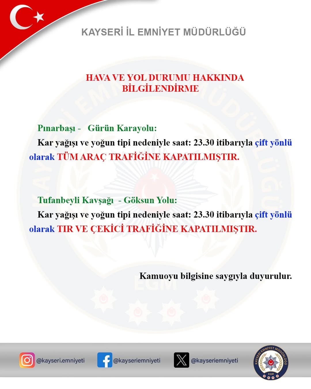 Kayseri'de Trafik Denetimleri ve Hava Durumu Uyarısı