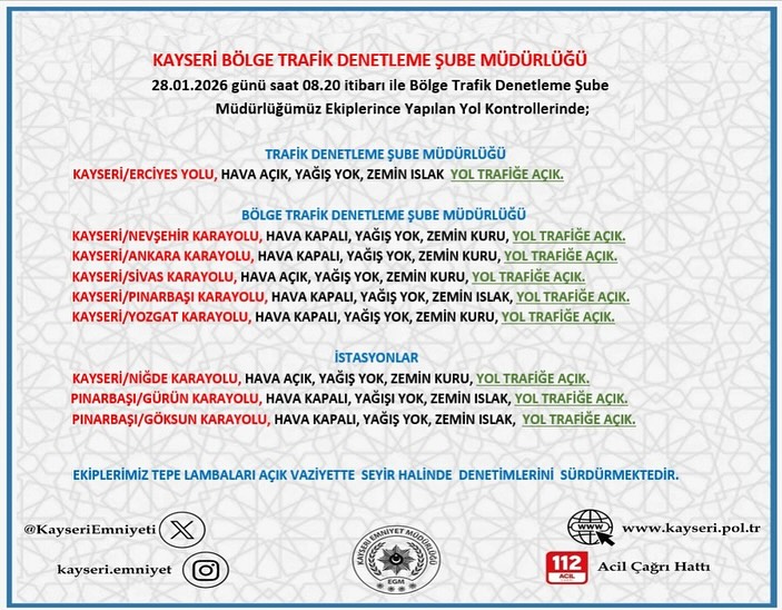 Kayseri'de 28 Ocak Sabahı Yol ve Hava Durumu Değerlendirmesi