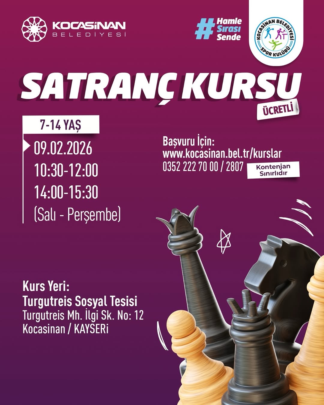 Kayseri Kocasinan'da Çocuklar İçin Satranç Kursu Kayıtları Başladı