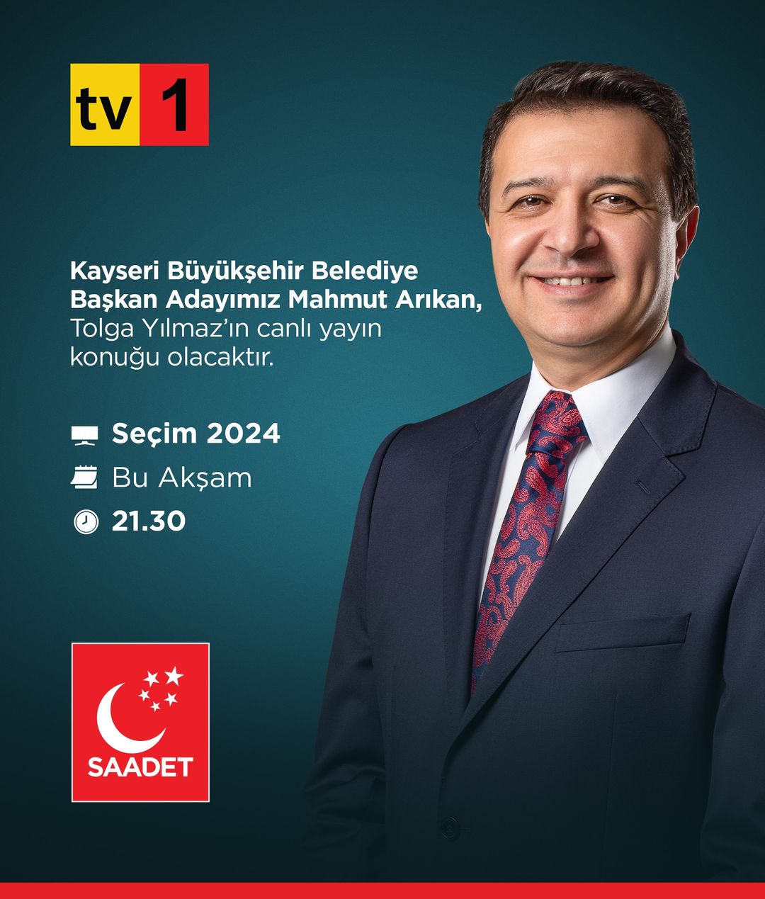 Saadet Partisi Kayseri Büyükşehir Belediye Başkan Adayı Mahmut Arıkan, televizyon programında seçim stratejilerini ve çözüm önerilerini paylaşacak.
