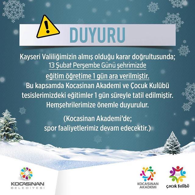 Kayseri'de Okullar ve Eğitim Kurumları Bir Gün Tatil Edildi