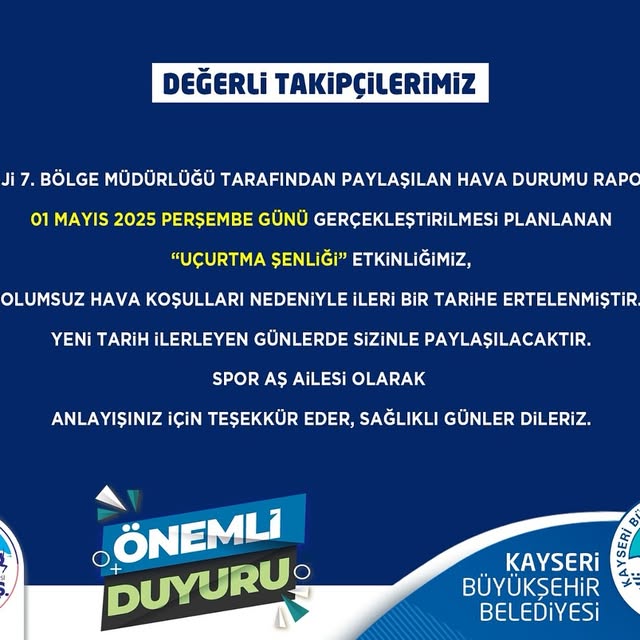 Kayseri'de Uçurtma Şenliği Olumsuz Hava Koşulları Nedeniyle Ertelendi