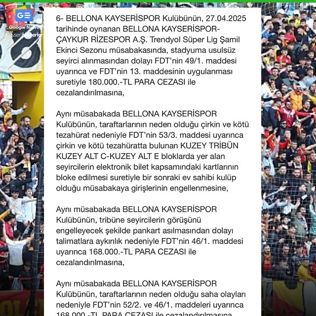Kayserispor'a PFDK'dan Toplamda 516 Bin TL Para Cezası ve Tribün Yasağı