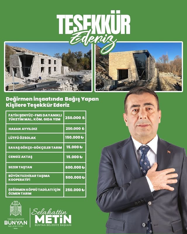 Bünyan Belediyesi, Değirmen Restoran Projesine Bağışta Bulunan İş İnsanlarına Teşekkür Etti