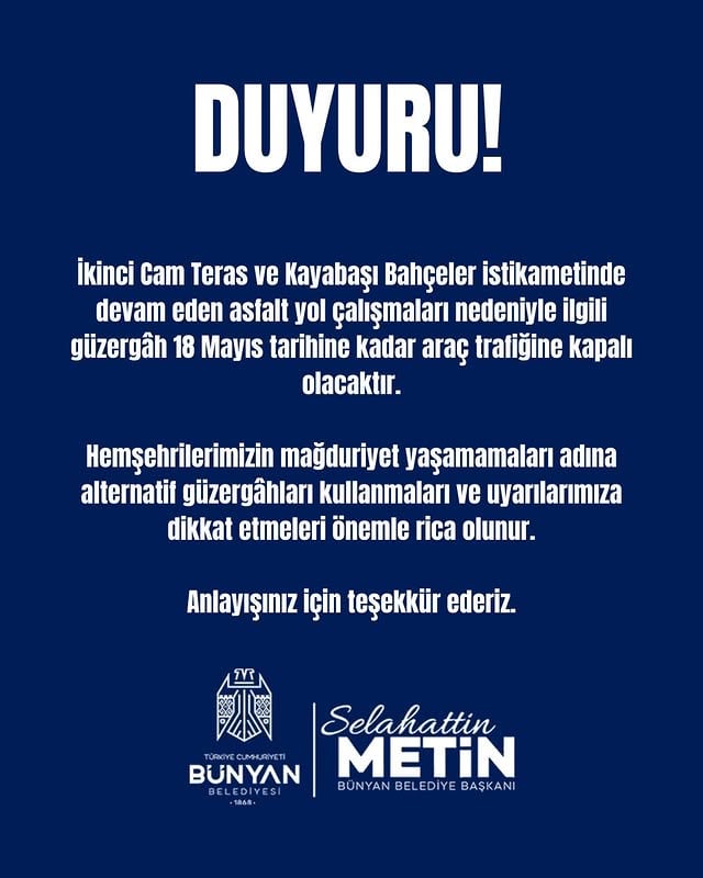 Bünyan'da Asfalt Çalışmaları Nedeniyle Güzergah Kapanışı