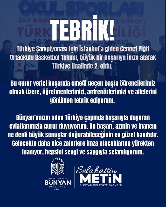 Bünyan'dan Türkiye Basketbol Finali Başarısı: Cennet Yiğit Ortaokulu 2. Oldu