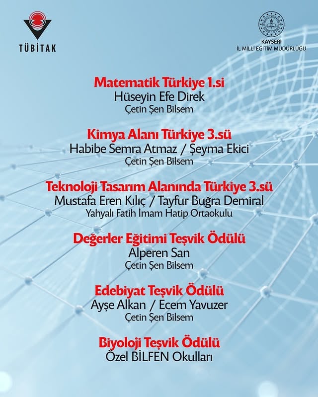 Kayseri Bilsem'den TÜBİTAK'ta Matematik Birinciliği