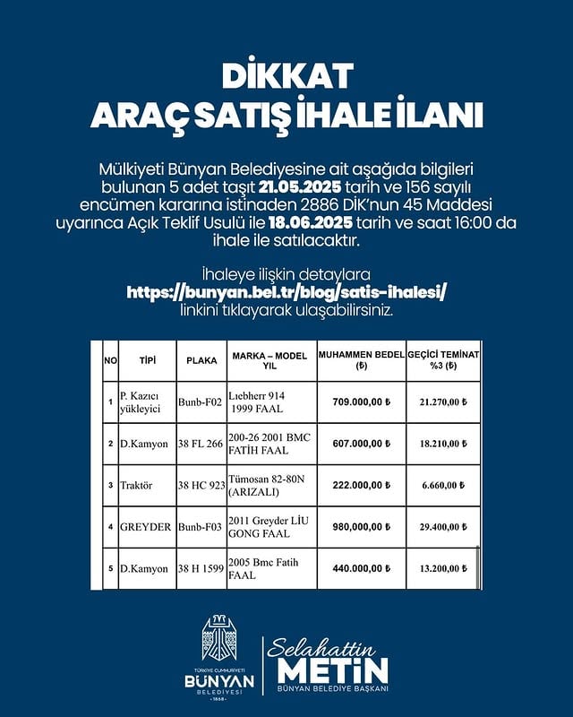 Bünyan Belediyesi 5 Araç Açık Teklif Usulüyle Satılıyor