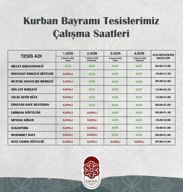 Kayseri'de Kurban Bayramı Tesisi Çalışma Günleri Açıklandı