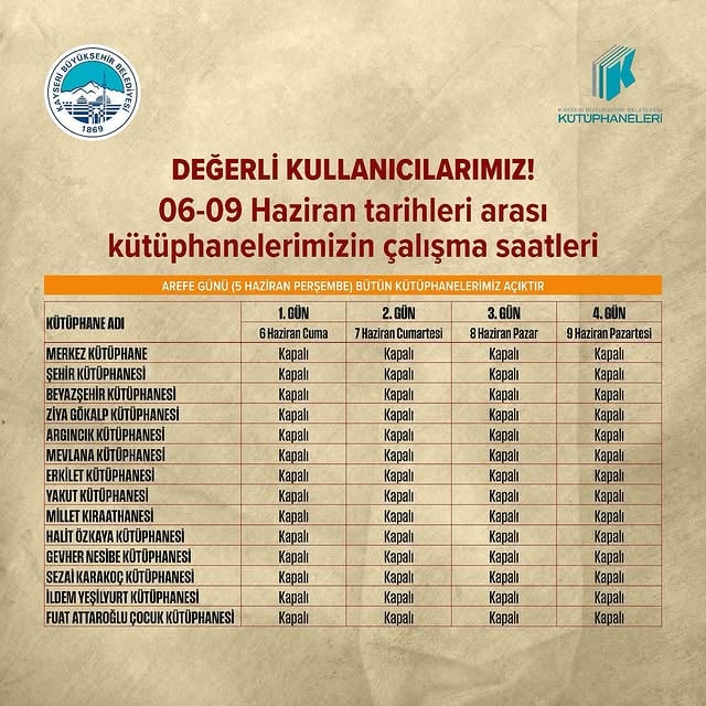 Kayseri Kütüphaneleri Kurban Bayramı'nda Kapalı Olacak
