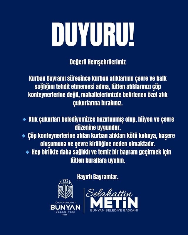 Bünyan Belediyesi Kurban Atıklarının Doğru Bertarafı Hakkında Uyarıda Bulundu