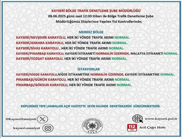 Kayseri'de 8 Haziran 2025'te Yol Durumu Bilgilendirmesi