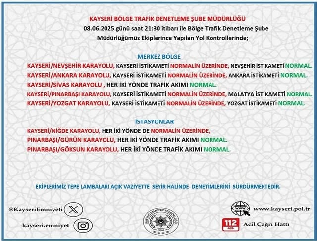 Kayseri'de Yol Durumu Hakkında Bilgilendirme