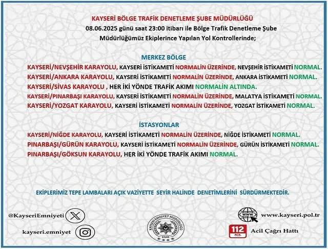 Kayseri'de Yol Durum Bilgilendirmesi: Emniyet Müdürlüğü Uyarıyor