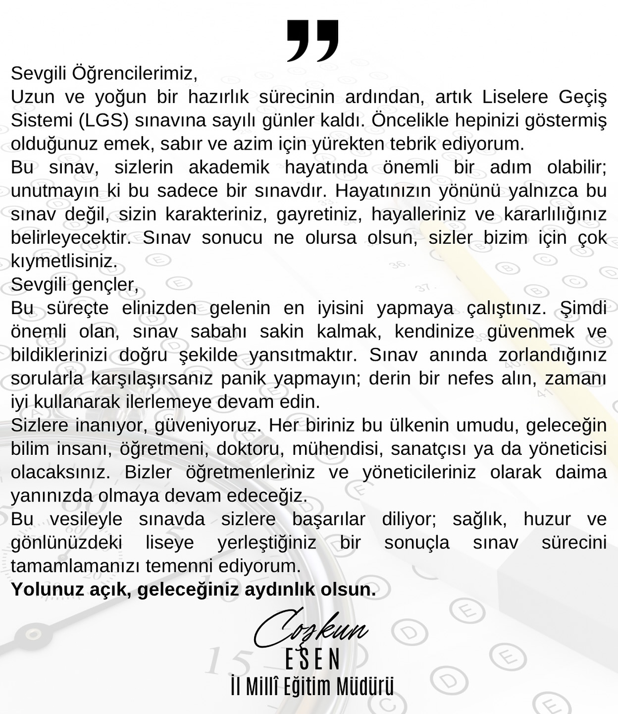 Kayseri İl Milli Eğitim Müdürü Esen'den LGS Sınavı İçin Öğrencilere Destek Mesajı
