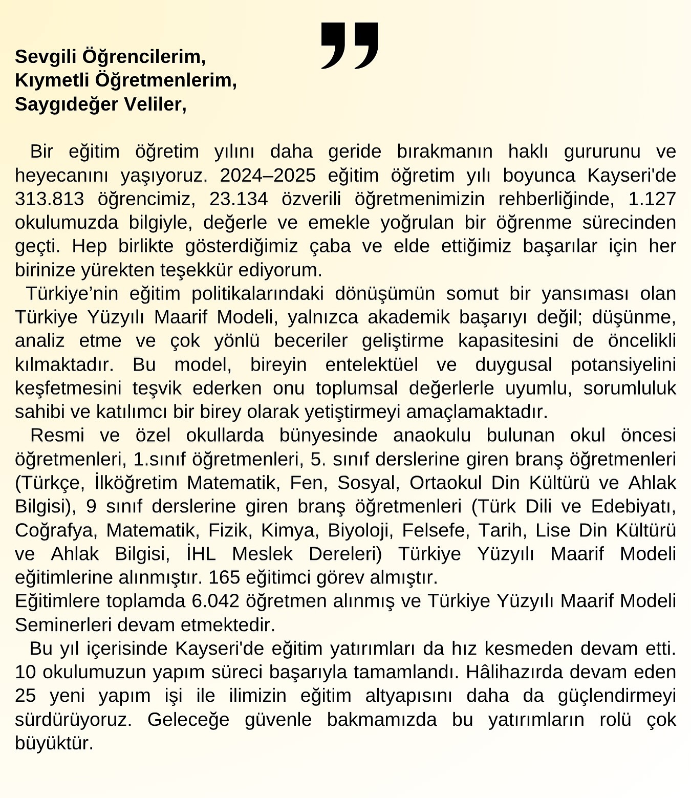 Kayseri'de Eğitim Öğretim Yılı Coşkun Esen'in Mesajıyla Sonuçlandı