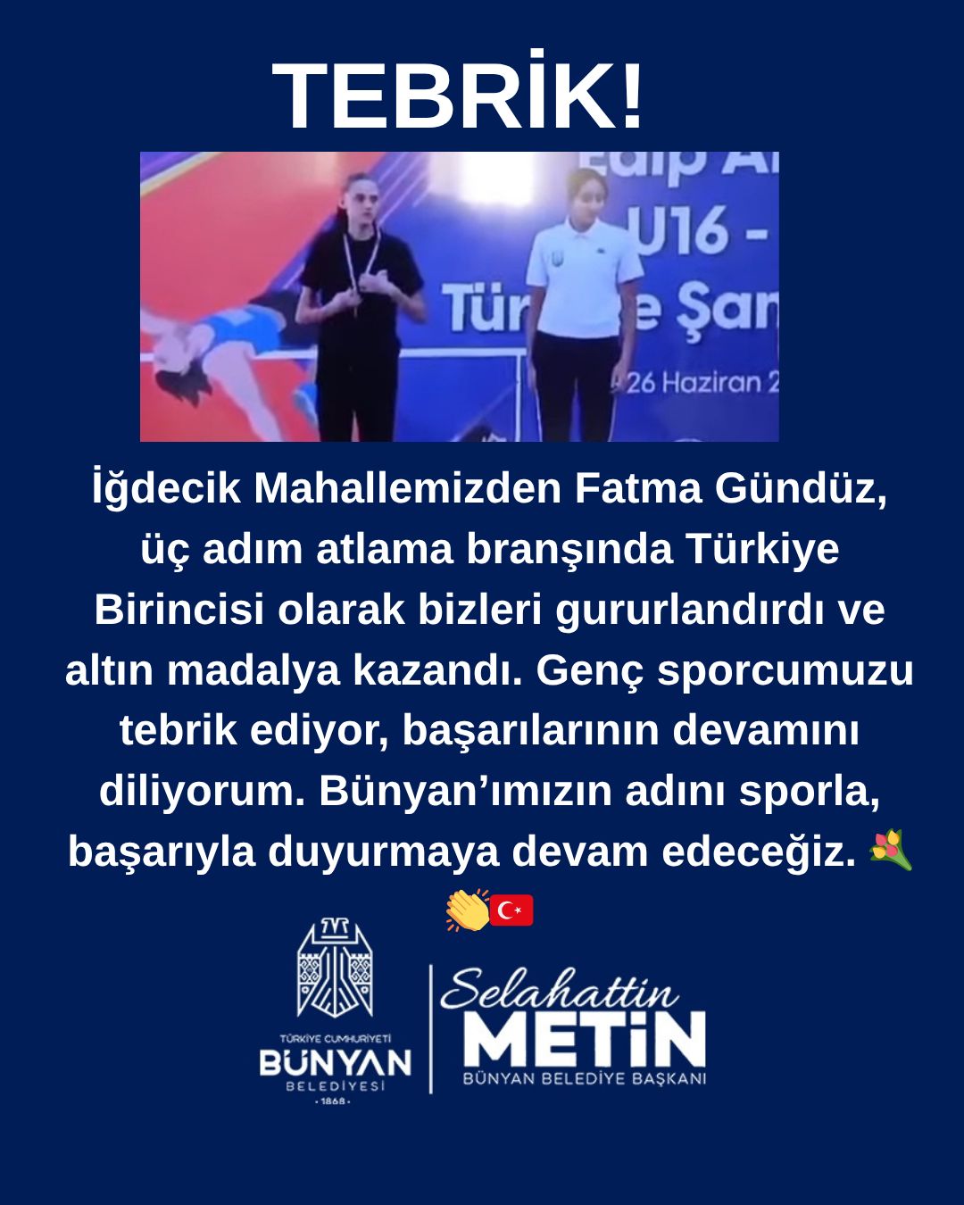 Bünyanlı Sporcu Fatma Gündüz Türkiye Birincisi Oldu