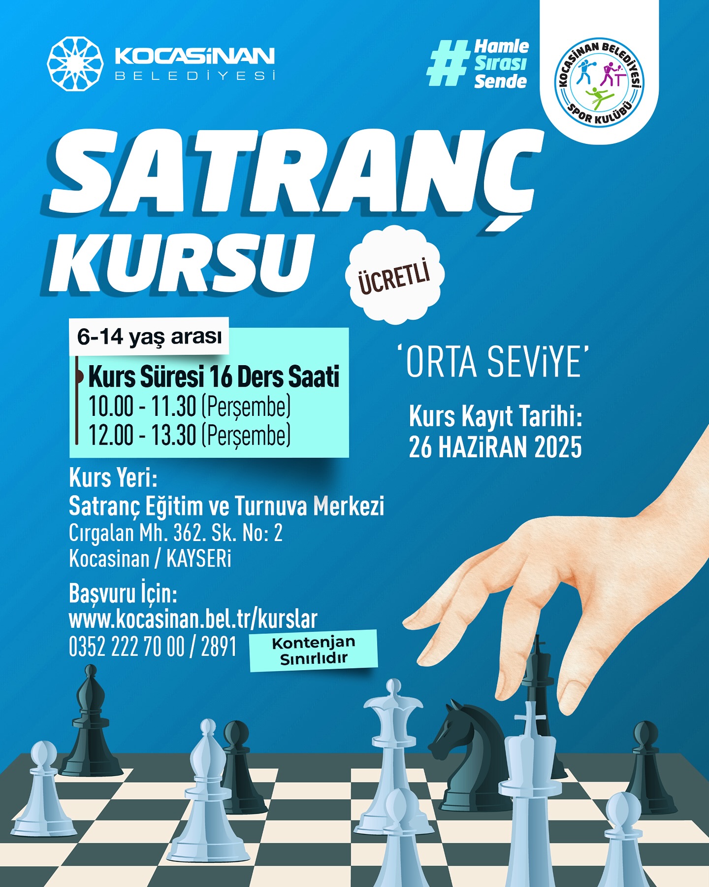 Kocasinan Belediyesi'nden 6-14 Yaş Çocuklara Satranç Kursu