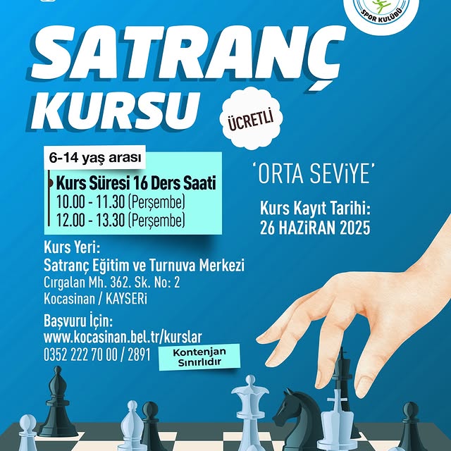 Kocasinan Belediyesi'nden 6-14 Yaş Çocuklar İçin Satranç Kursu Başladı