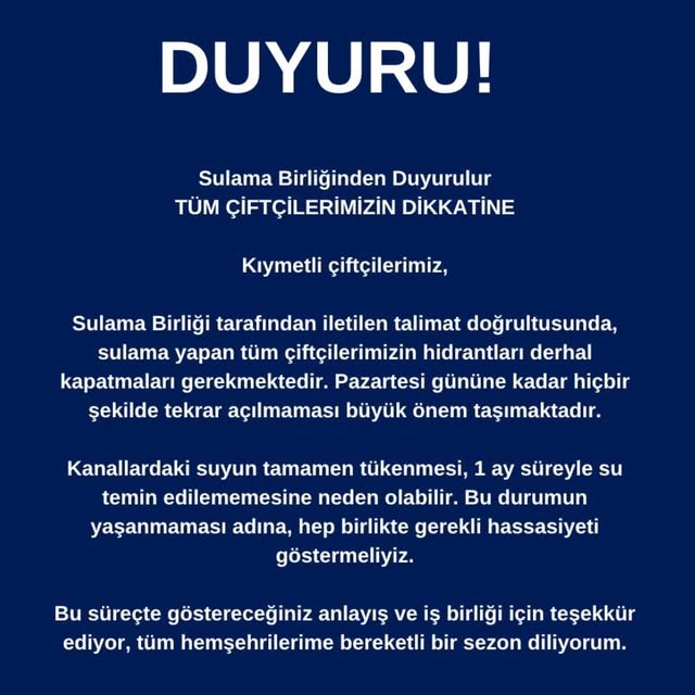 Bünyan'da Sulama Hidrantları Kapatılıyor: Çiftçilere Uyarı