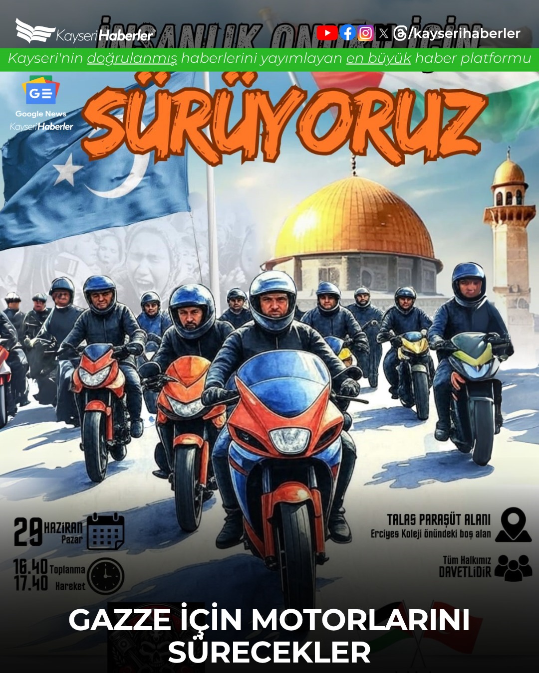 Kayseri'de Motosiklet Konvoyuyla Filistin ve Doğu Türkistan'a Destek